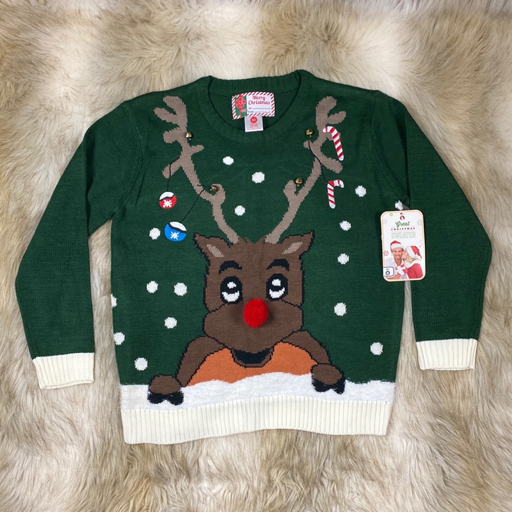 Merry Christmas Reindeer Sweater with Bells, Size Medium, New with Tags